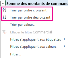 Options de tri par ordre croissant et décroissant