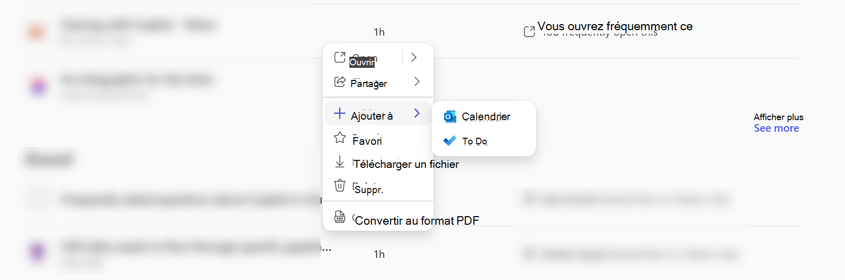 Menu contextuel dans l’application Microsoft 365 Copilot indiquant que vous pouvez ajouter un fichier à Calendar ou À faire.
