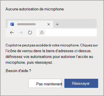 Boîte de dialogue d’erreur Aucune autorisation de microphone dans Copilot.