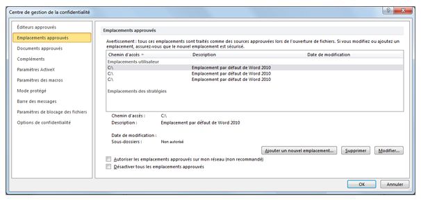 Boîte de dialogue Paramètres du Centre de gestion de la confidentialité montrant l’option Emplacements approuvés