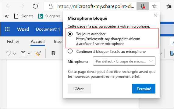 Réglez le paramètre sur Toujours autoriser l’accès au microphone.