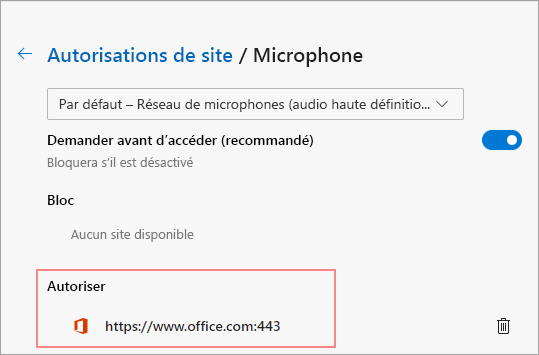 Autoriser le site dans les autorisations
