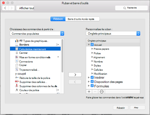 Capture d’écran de la boîte de dialogue Personnaliser le ruban Mac