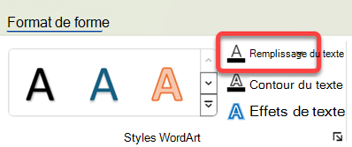 Pour modifier la couleur de l’objet WordArt, sélectionnez-le, puis sous l’onglet Format de la forme, sélectionnez Remplissage du texte.