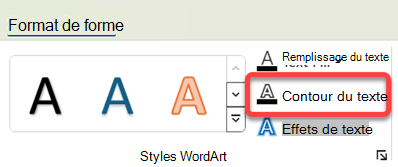 Pour modifier la bordure d’un objet WordArt, sélectionnez-la, puis, sous l’onglet Format de la forme, sélectionnez Contour du texte.