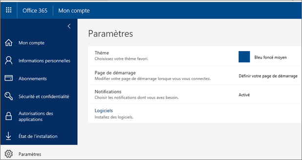 Page Paramètres d’Office 365
