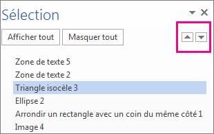 Volet de sélection montrant toutes les formes, zones de texte, objets WordArt et autres objets dans le document.