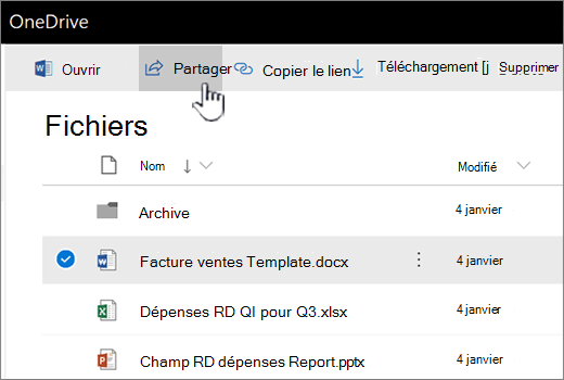 OneDrive avec un fichier sélectionné et le bouton Partager appuyé