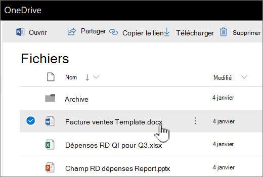 OneDrive avec le fichier sélectionné