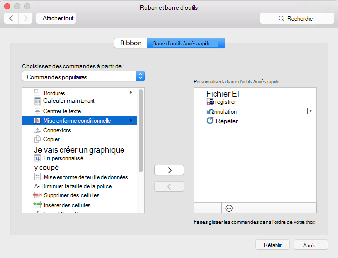 Capture d’écran de la boîte de dialogue Personnalisation DE QAT mac