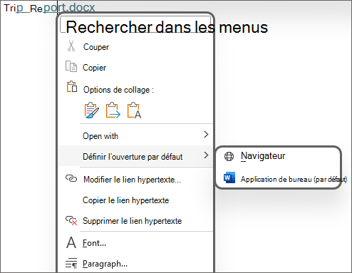 Image des options pour Définir l’ouverture par défaut comme Navigateur ou Application de bureau (par défaut).