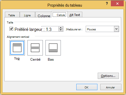 Onglet Cellule dans la boîte de dialogue Propriétés du tableau