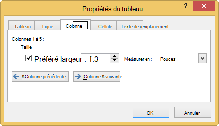 Onglet Colonne dans la boîte de dialogue Propriétés de la table
