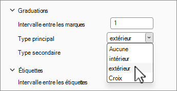 Section Graduation et étiquettes du panneau Format de l’axe