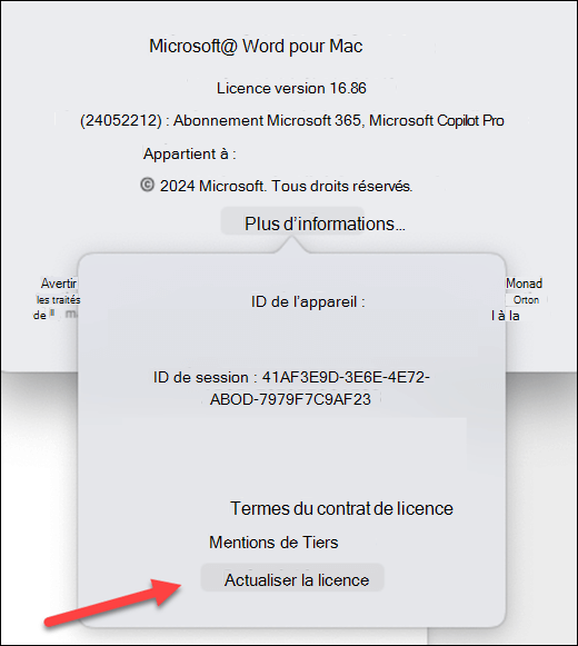 Recherche du bouton Mettre à jour la licence dans Microsoft Word sur MacOS.