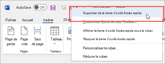 Supprimer la commande de la barre d’outils Accès rapide