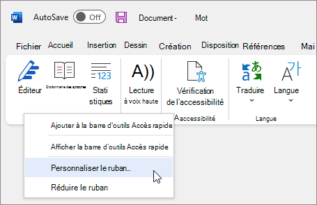 Sélectionner Personnaliser le ruban