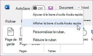Afficher la barre d’outils Accès rapide