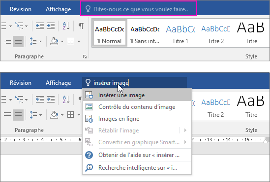Affiche la zone de recherche Dites-moi sur le ruban dans Word.