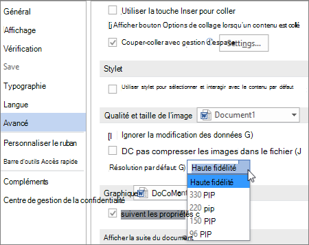 Définition de la résolution d’image par défaut