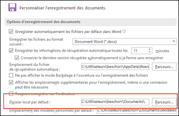 Options Enregistrer dans Word, montrant le paramètre du dossier de travail par défaut