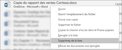 Menu contextuel que vous voyez quand vous cliquez avec le bouton droit sur un fichier dans la liste Fichiers récents