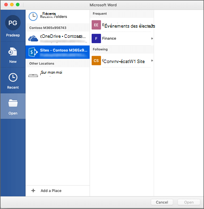 Boîte de dialogue Ouvrir un fichier dans Microsoft Word pour Mac pour Office 365
