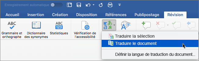 Onglet Révision avec Traduire le document en surbrillance