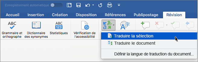 Onglet Révision avec Traduire la sélection en évidence