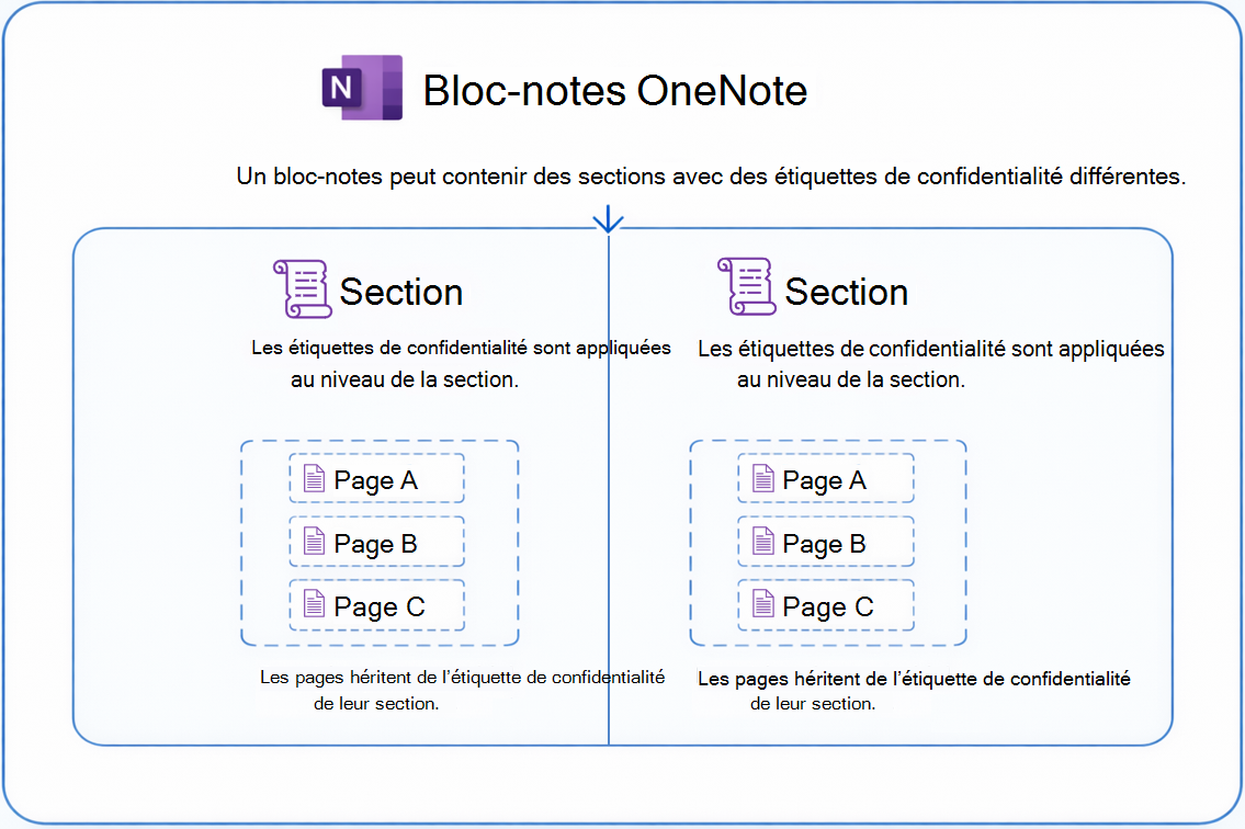 A diagram that shows that sensitivity labels are applied at a section level, and a notebook can contain different sections with equal or different sensitivity label each.