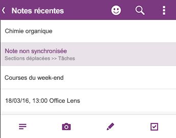 La liste Notes récentes dans OneNote pour Android