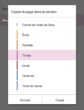 Menu Copier la page vers la section dans OneNote pour Android