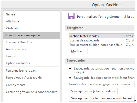 Screenshot of the OneNote Options dialog box in OneNote 2016.