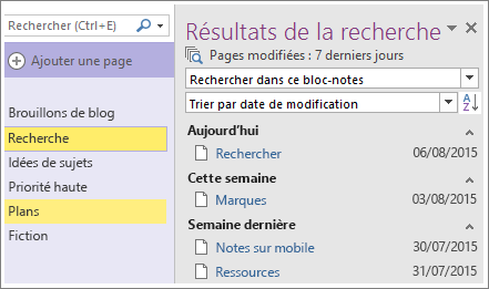 Capture d’écran des résultats de recherche de la plage de dates dans OneNote 2016.