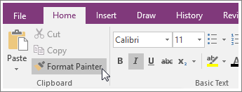 Capture d’écran du bouton Reproduire la mise en forme dans OneNote 2016.