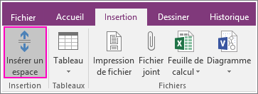 Capture d’écran du bouton Insérer un espace dans OneNote 2016.
