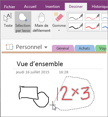 Capture d’écran de l’utilisation du bouton Sélection par lasso dans OneNote 2016.