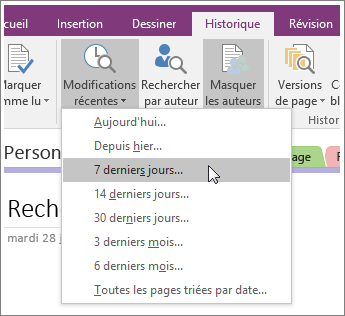 Capture d’écran du bouton Modifications récentes dans OneNote 2016.