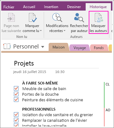 Capture d’écran du bouton Masquer les auteurs dans OneNote 2016.