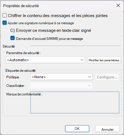 Cochez les cases en regard de Ajouter une signature numérique à ce message et Demander un reçu S/MIME pour ce message