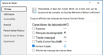 Personnalisez la façon dont Outlook affiche vos e-mails et les boutons, conseils et autres éléments d’édition affichés.