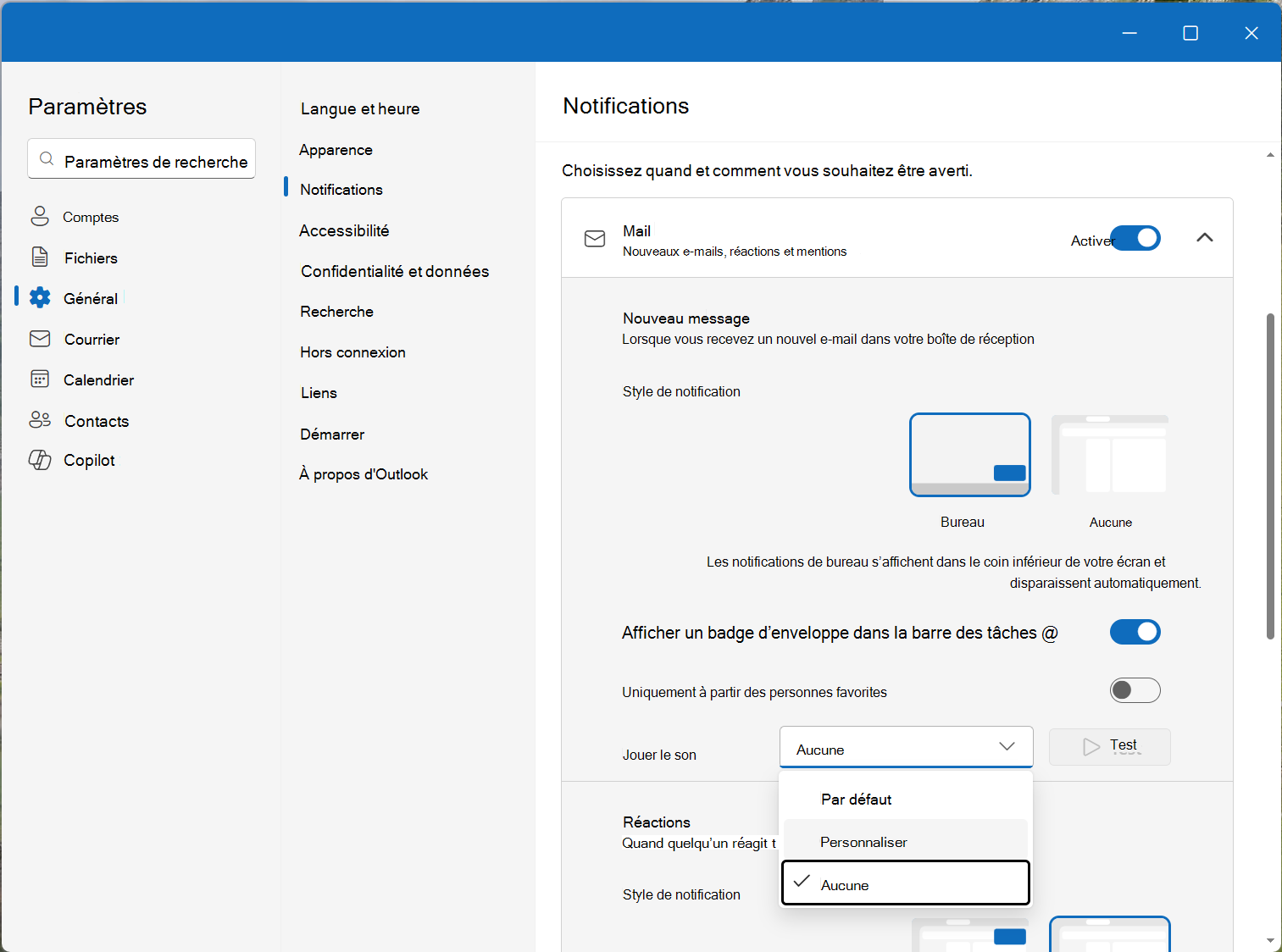 Sélectionnez son de notification sous Courrier et Calendar paramètres de notifications.