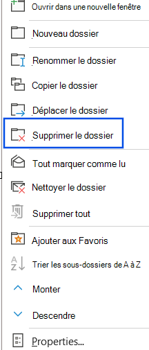 Capture d’écran de l’option Supprimer le dossier sélectionnée dans le volet de navigation.