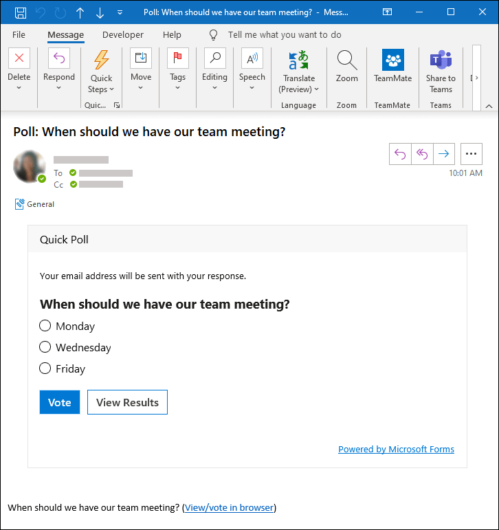 Microsoft Forms sondage dans un e-mail Outlook
