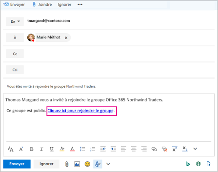 Email avec un lien invitant l’utilisateur à rejoindre le groupe