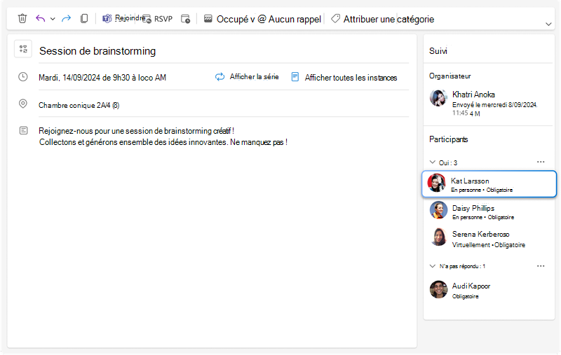 Image montrant un volet de suivi des réunions où l’on peut voir toutes les réponses pour chaque invité, ainsi que les nouvelles informations supplémentaires sur la participation personnelle ou virtuelle de chaque participant.