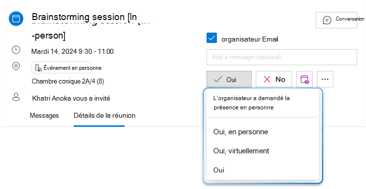 Image montrant le bouton de menu RSVP hybride pour Oui avec sa liste déroulante développée, où vous pouvez voir trois options différentes : Oui, en personne, Oui, virtuellement et Oui.