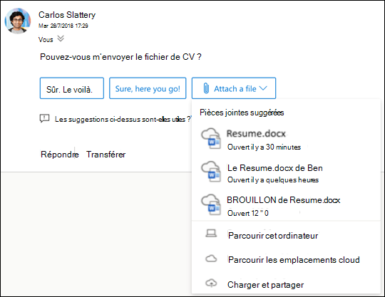 Joindre des fichiers suggérés dans Outlook.
