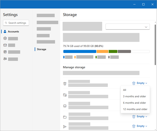 Capture d’écran du stockage des paramètres > Outlook