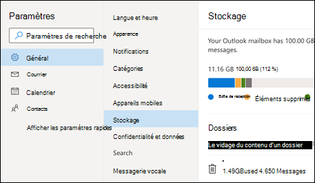 Menu stockage de dossiers pour Outlook Web App.